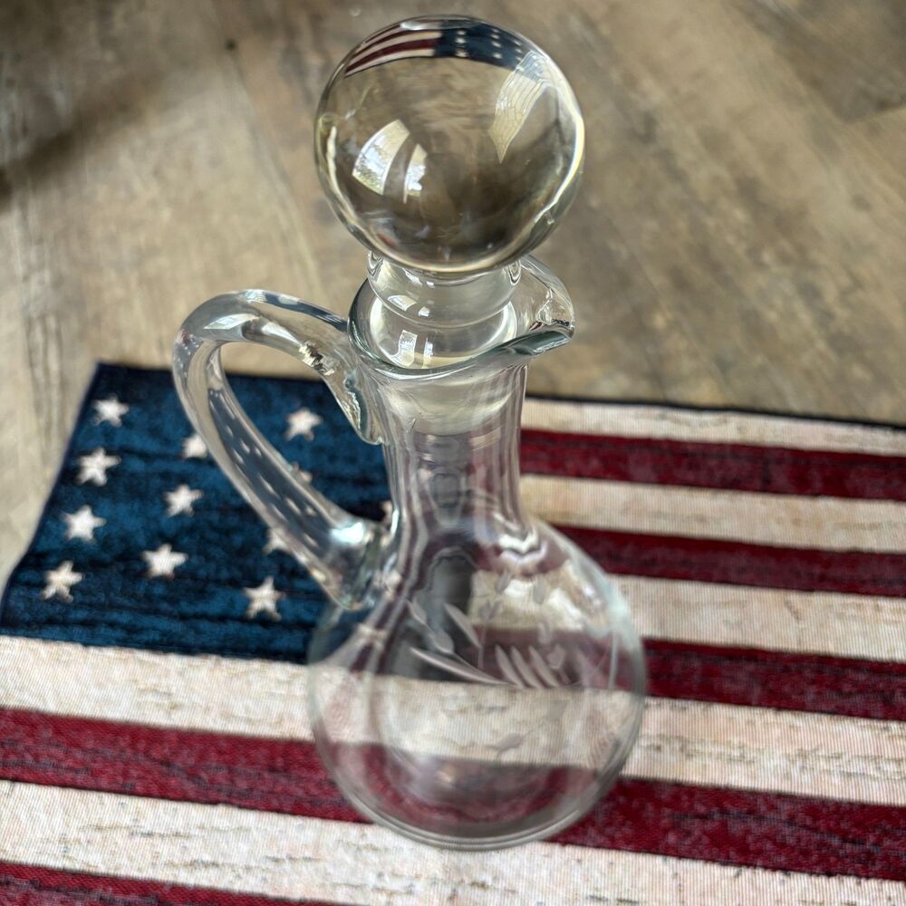 Vintage Etched Floral Glass Cruet Decanter w/Glass Stopper Handle Bottle Carafe
